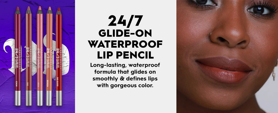 24/7 Glide-on Waterproof Lip Pencil Long-lasting, waterproof formula that glides on smoothly &amp; define lips with gorgeous color, Featuring five shades of pink, nude, and red lip liners with a model showcasing one of the shades. 