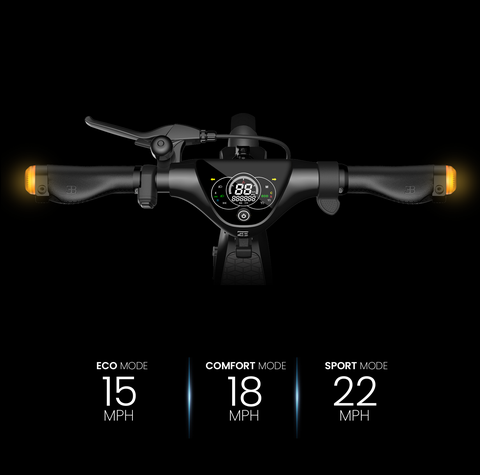 Image of the dashboard features showing the three speed modes, Eco, compact and sport modes