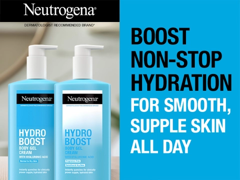 Bottle of Neutrogena Hydro Boost hydrating body gel cream against neutral background with benefits