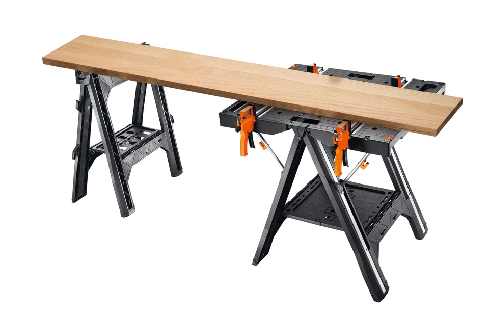 Worx Clamping Sawhorse Pair with Bar Clamps Built in Shelf Cord