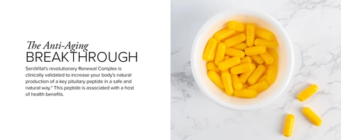 A full cup of yellow SeroVital capsules with three outside of the cup on a countertop, with text about the breakthrough science behind SeroVital&#39;s Renewal Complex, which boosts HGH naturally*