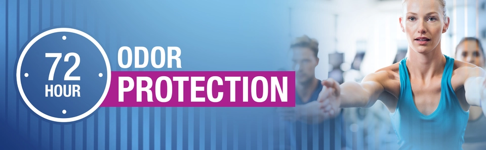 A woman exercising in a workout class. Tagline: 72-hour odor protection.
