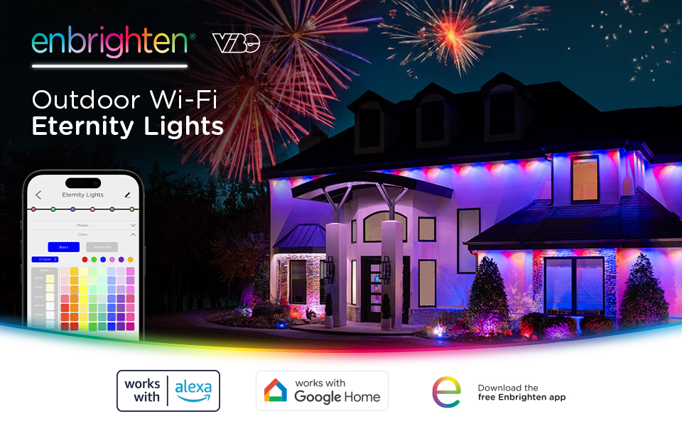 Enbrighten VIBE  Outdoor wi-fi eternity lights. House with red, white, and blue eternity lights and fireworks