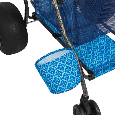 Umbrella pocket at bottom of cart, near wheels.