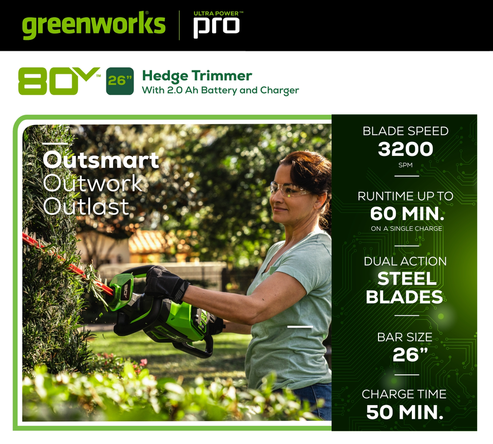 Greenworks 80 Volt 26 Inch Cordless Brushless Hedge Trimmer with