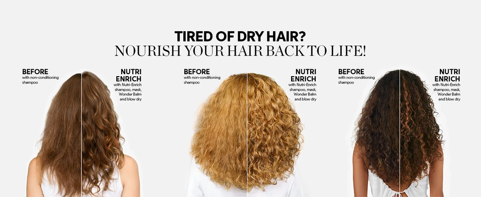Before and after of Nutri-enrich shampoo, conditioner and mask shows smooth and soft results