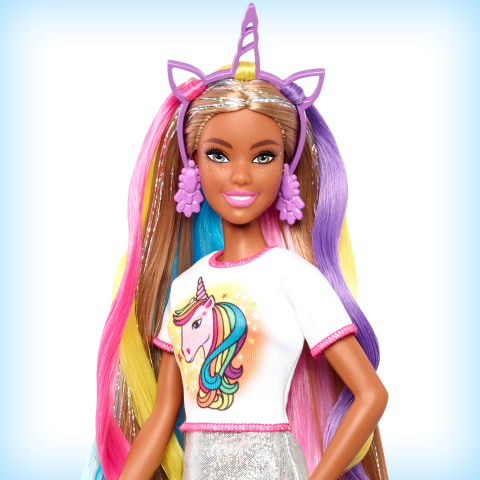 Barbie Fantasy Hair Doll & Accessories, Long Colorful Blonde Hair with  Mermaid and Unicorn-Inspired Clothes