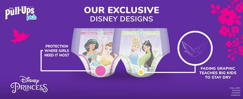 Our Pull Ups Plus training pants for Girls feature exciting exclusive Disney Princess artwork that fades when wet, teaching your big kid to stay dry