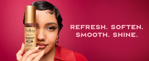 Woman with healthy-looking hair next to the title: "Refresh. Soften. Smooth. Shine."