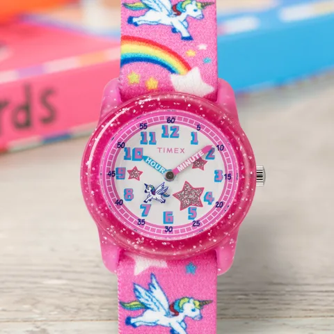 Girls Time Machines Pink Rainbows Unicorns Watch Elastic Fabric Strap