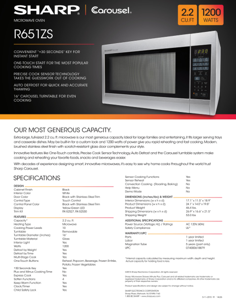 Sharp R651ZS Carousel Countertop Microwave Oven 2.2 cu. ft. 1200W ...