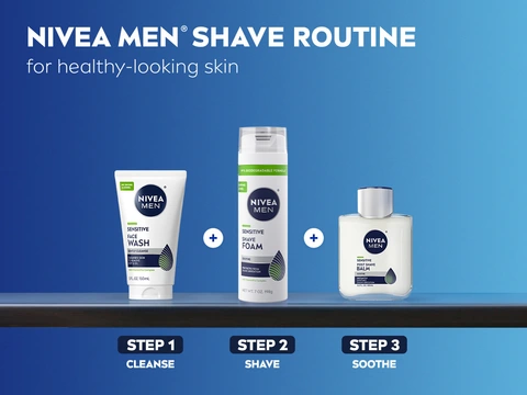 NIVEA MEN Shave Routine for healthy-looking skin: Step 1 Sensitive Face Wash, Step 2 Sensitive Shave Gel with biodegradable formula, Step 3 Sensitive Post Shave Balm on blue shelf