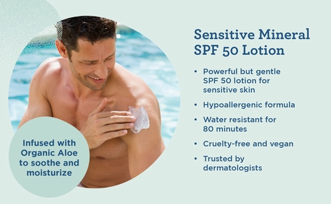 Sensitive Mineral SPF 50 Lotion. Infused with Organic Aloe to soothe and moisturize. Powerful but gentle SPF 50 lotion for sensitive skin. Hypoallergenic formula. Water resistant for 80 minutes. Cruelty-free and vegan. Trusted by dermatologists. Image of a man sitting next to a pool applying sunscreen to his arm.