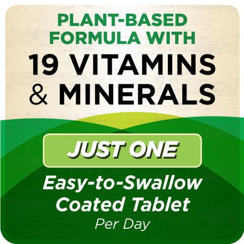 Công thức dựa trên thực vật với 19 loại Vitamin & Khoáng chất. Chỉ cần một viên bao dễ nuốt mỗi ngày.