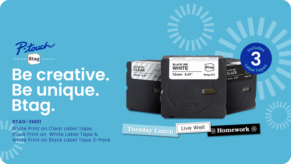 thumbnail video image 2 of Brother Genuine P-touch BTAG3M01, 3-Pack Label Tape, White on Clear, Black on White, White on Black Label Tape, ~1/2in by 13.1ft (12mm x 4m) for Ptouch Label Makers, 2 of 10