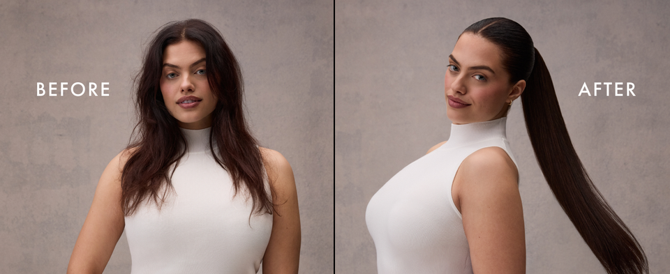Two images of the same woman, first with her straight hair frizzy, and then moisturized and tied-up.