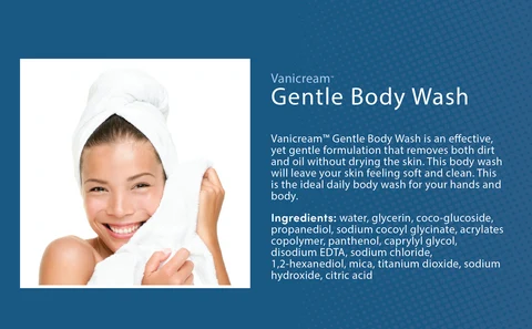 Vanicream™ Gentle Body Wash is an effective, yet gentle formulation that removes both dirt and oil without drying the skin. This body wash will leave your skin feeling soft and clean. This is the ideal daily body wash for your hands and body.  Ingredients: water, glycerin, coco-glucoside, propanediol, sodium cocoyl glycinate, acrylates copolymer, panthenol, caprylyl glycol, disodium EDTA, sodium chloride, 1,2-hexanediol, mica, titanium dioxide, sodium hydroxide, citric acid.