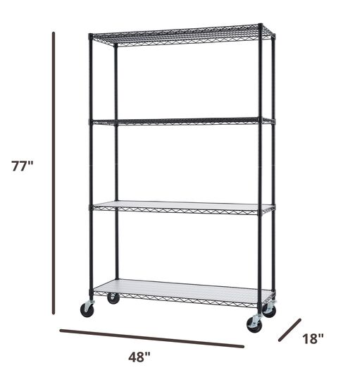 TRINITY 4-Tier Wire Shelving Rack, 48” x 18” x 72”, NSF, Includes Wheels and Liners, Black 480