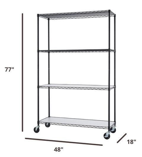 TRINITY 4-Tier Wire Shelving Rack, 48” x 18” x 72”, NSF, Includes Wheels and Liners, Black