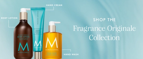 Moroccanoil Fragrance Originale collection featuring body lotion, hand cream, and hand wash in a clean blue setting
