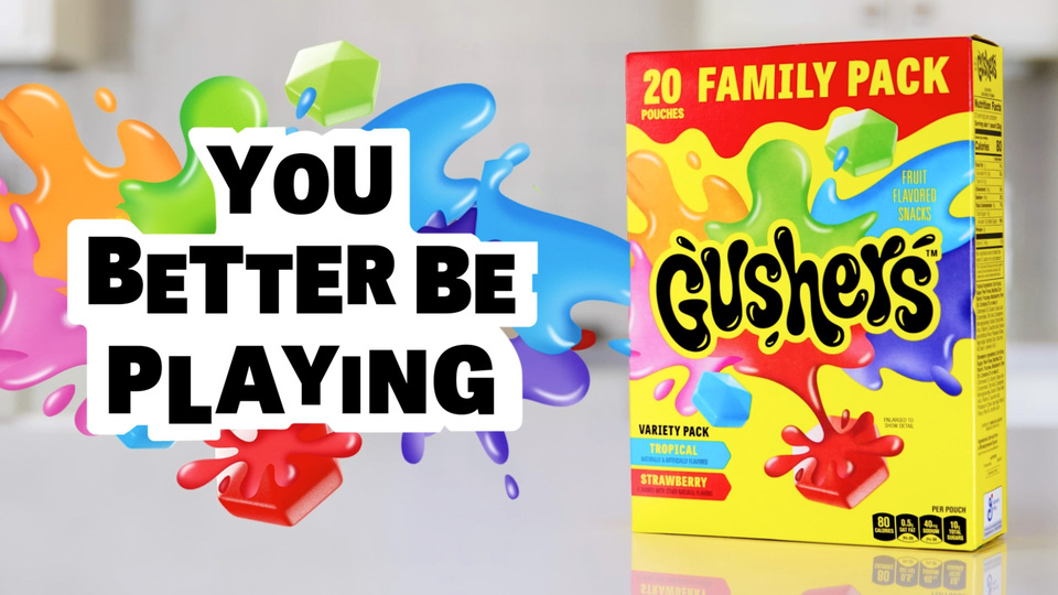 thumbnail video image 2 of Gushers Fruit Flavored Kids Halloween Snacks, Tropical, 26 Mini Pouches, 11.44 oz, 2 of 12