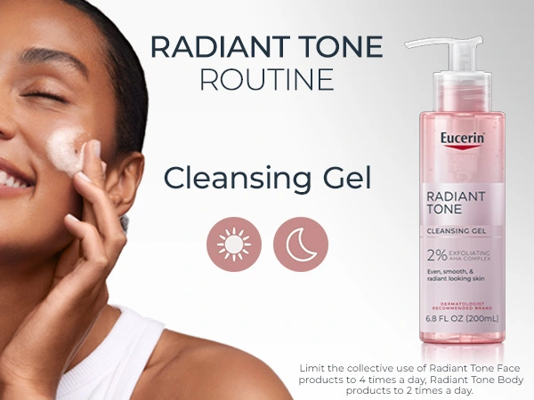 "Radiant Tone Routine" - Eucerin Cleansing Gel 6.8oz with 2% AHA Exfoliating Complex for even, smooth, radiant skin. Woman smiling while applying to face. Day/night icons; dermatologist recommended. Use up to 4x daily.