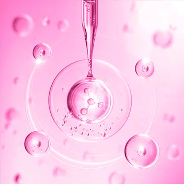 Image of dropper placing proteins in petri dish with other proteins surrounding it against light pink background.