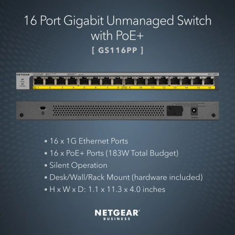 NETGEAR 16-Port PoE/PoE+ Gigabit Ethernet Unmanaged Switch