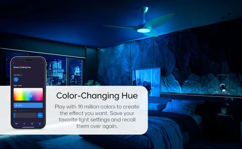 Showing blue lighting from the ceiling fan