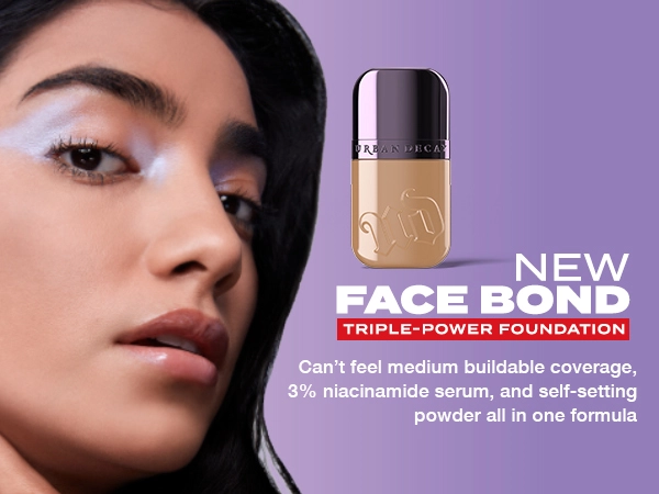 model with new face bond triple power foundation. Discover can&#39;t feel medium buildable coverage, 3% niacinamide serum, and self-setting powder all in one formula 