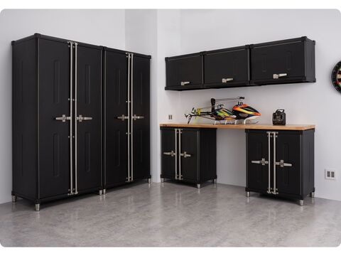 8 piece garage cabinet set: 2 locker cabinet, 3 wall cabinet, 2 base cabinet, 1 wood top