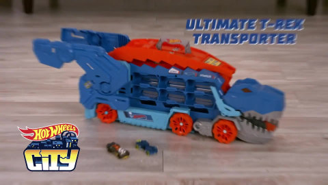 Hot Wheels City Ultimate Hauler, Transforms into a T-Rex with Race Track,  Stores 20+ Cars