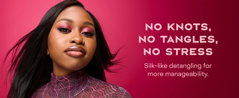 Text reads: "NO KNOTS, NO TANGLES, NO STRESS. Silk-like detangling for more manageability." Woman's dark hair flows against a vibrant pink backdrop.