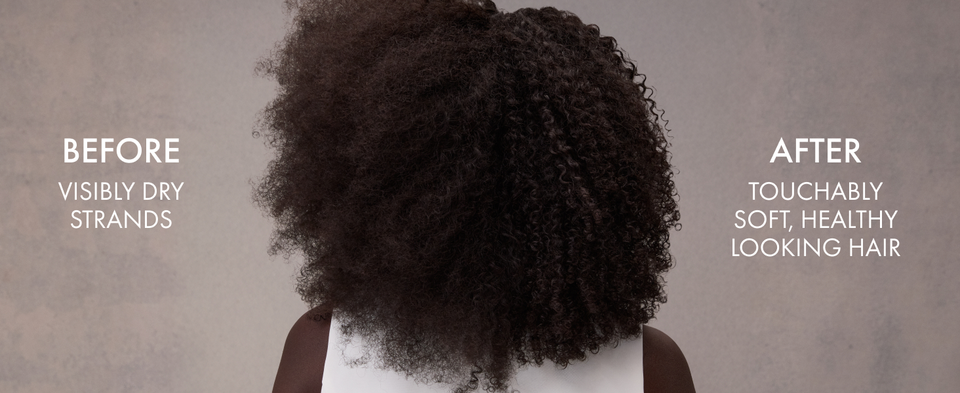 Before and after of a woman's curls going from dry to touchable soft with Nexxus. 