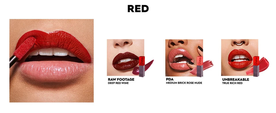 Showcasing all Lip Bond shades, broken out by red, pink and purple, nude, brown