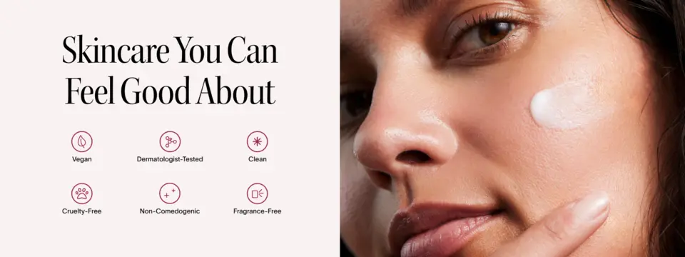 Model applying Solawave Face &amp; Neck Serum with clean skincare badges displayed.