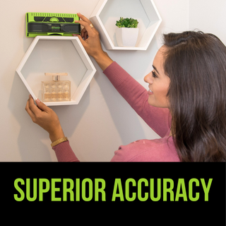 Woman hanging hexagon shelf on wall with 7000+ stud finder