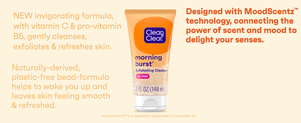Bottle of Clean & Clear Morning Burst Exfoliating Facial Cleanser on orange background