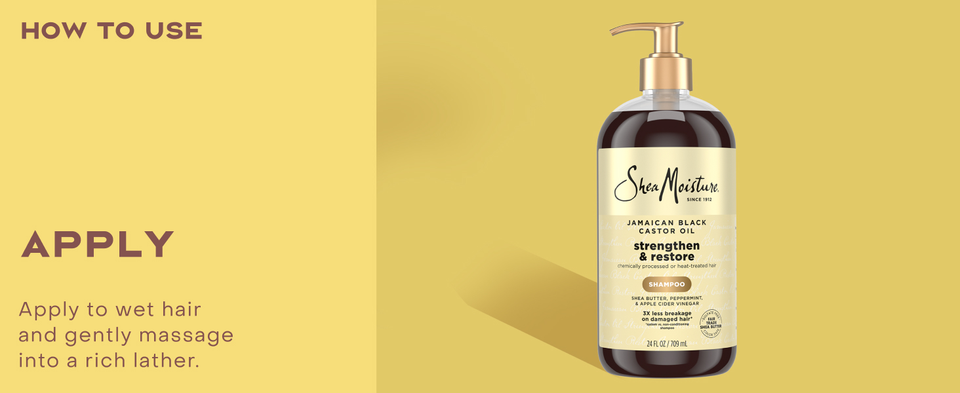 Image of the SheaMoisture Strengthen &amp; Restore Shampoo bottle, next to applying instructions.