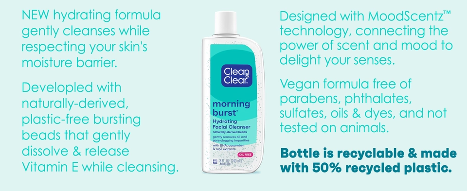 Bottle of Morning Burst hydratiung facial cleanser on pastel teal background, bottle is recyclable