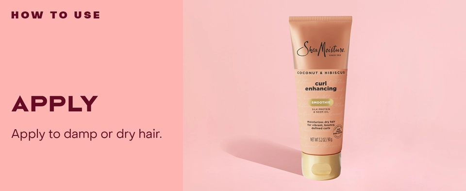 Image of the SheaMoisture Curl Enhancing Smoothie bottle, next to applying instructions.
