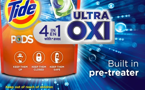 Tide PODS Ultra Oxi laundry detergent pacs with built in pre-treater
