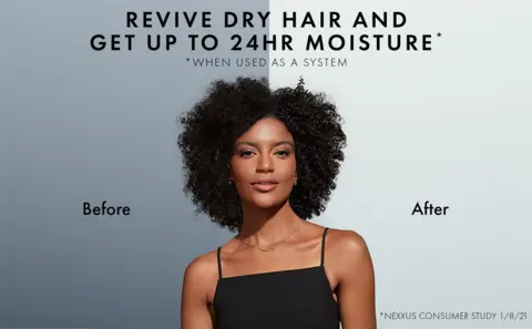 The title reads: REVIVE DRY HAIR AND GET UP TO 24HR MOISTURE WHEN USED AS A SYSTEM.  Below is a split image of a dark-skinned woman with black, curly hair showing the before-and-after results.