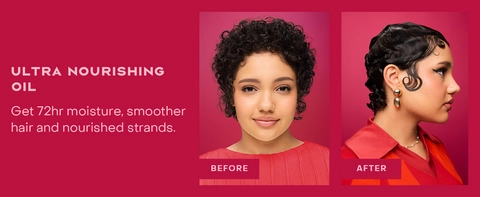 2 images of the same woman before &amp; after applying our treatment for healthy-looking hair.