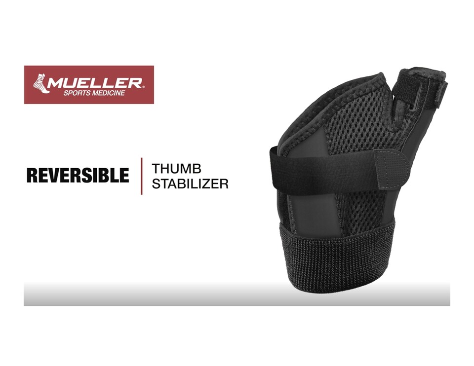thumbnail video image 3 of Mueller Sports Medicine Reversible Thumb Stabilizer, Black, One Size Fits Most, 3 of 12