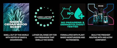 Four images,  sage leaves, icon for long lasting fragrance, no parabens icon, and product lineup.