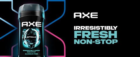 Image of Axe Apollo Stick, dark background with logo &amp; headline about non-stop freshness.