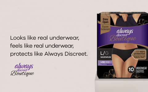 Always Discreet Boutique, Incontinence & Postpartum Underwear For Women, Low -Rise, Size Large, Black, Maximum Absorbency
