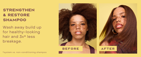 Two images of the same woman comparing her hair before and after applying our shampoo.