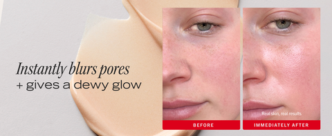 Before and after using Hydrating Primer, showing glowing skin